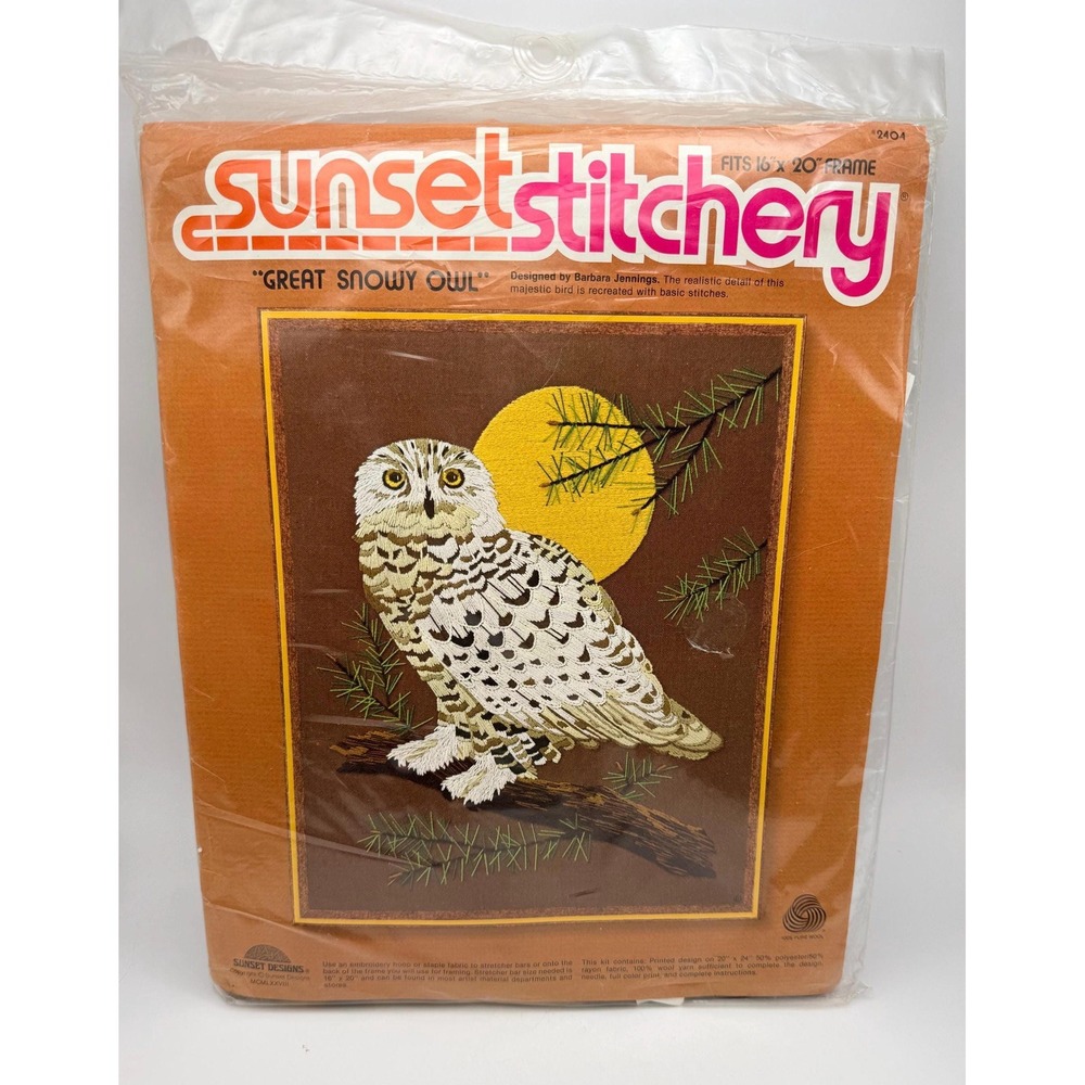 Vintage 1978 Sunset Stitchery Great Snowy Owl Barbara Jennings Crewel Kit 16x20